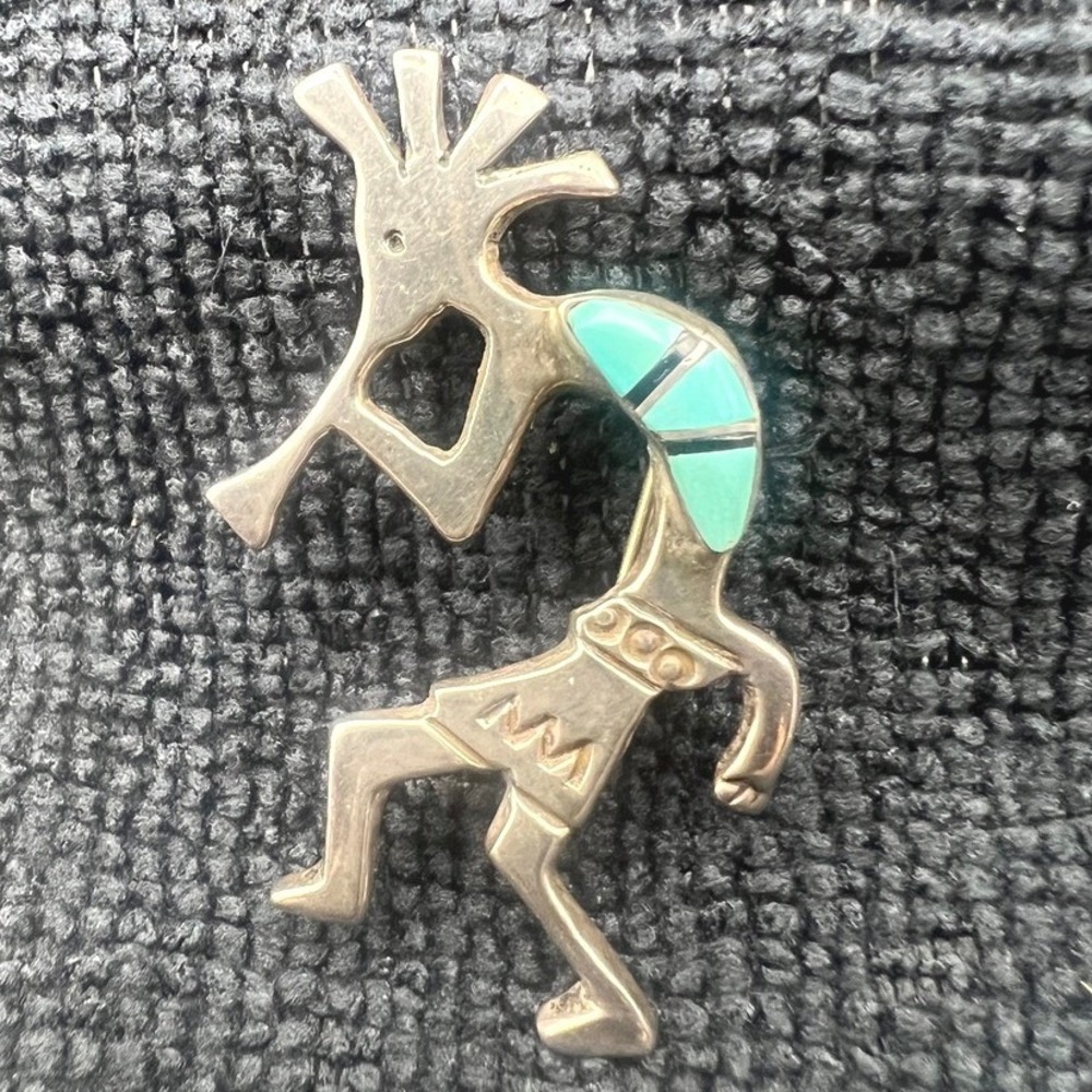 Vintage Kokopelli Sterling Silver Turquoise Brooch Pin 6.7g 2"